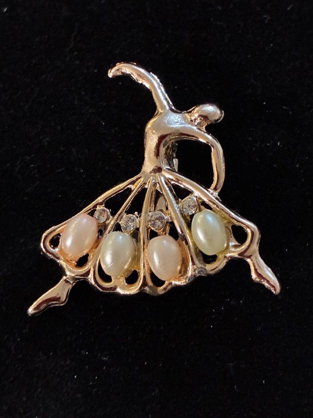 Vintage Gold-Tone Ballerina Brooch with Pearl Accents